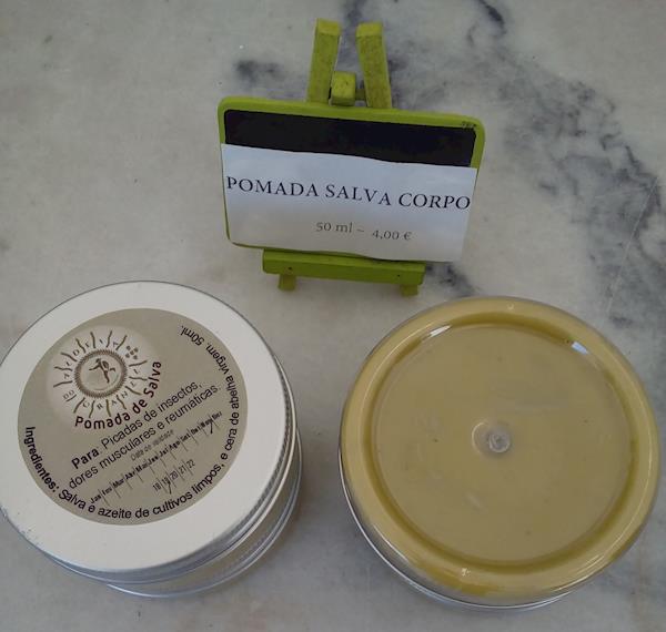 Pomada de Salva- Indicada para as picadas dos insectos, dores de reumatismo, ciática.